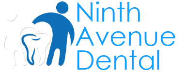 The image features a logo with text that reads  Ninth Avenue Dental  alongside an illustration of a person holding a child s hand, suggesting a family-friendly dental practice.