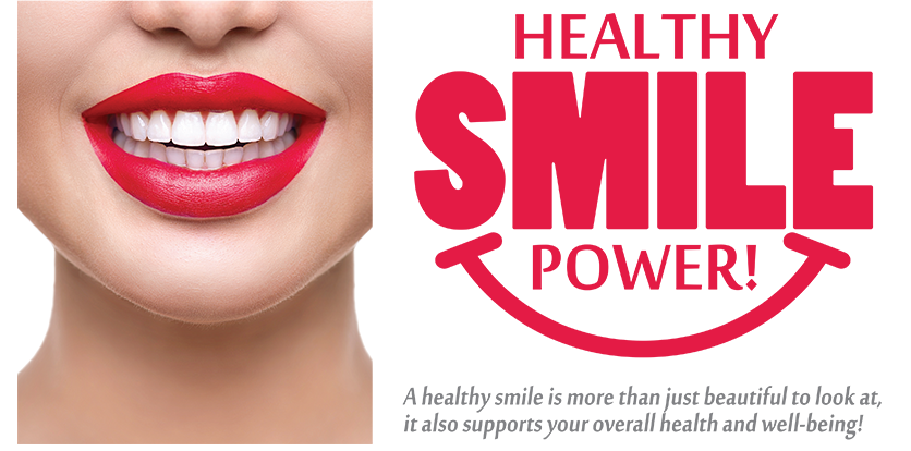 The image features a close-up of a person s face with red lipstick, overlaid with text that reads  HEALTHY SMILE POWER  and includes additional text and logos.